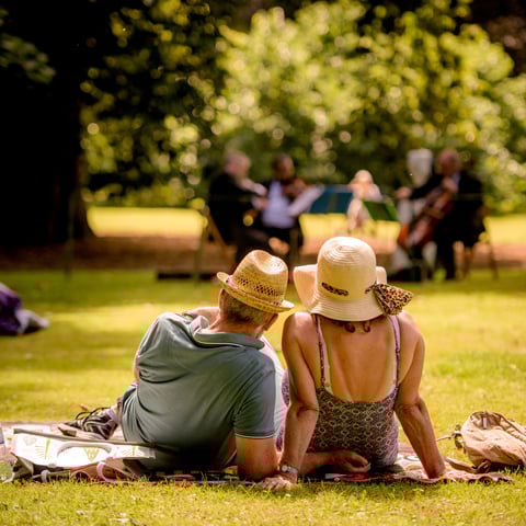 A man and a woman sit on a picnic blanket in the sunshine watching a live band.