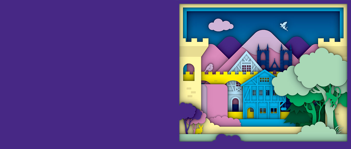 Illustration featuring houses, trees, forts and hills 