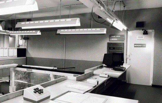 A black and white photograph of a control room in York Cold War Bunker. A black and white photograph of a control room in York Cold War Bunker.